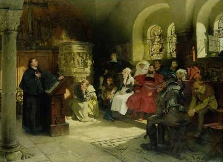 Martín Lutero predicando en el Castillo de Wartburg, obra de Hogo Vogel