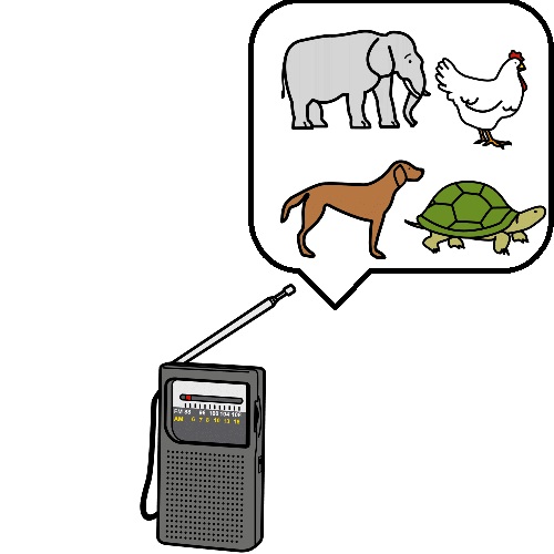 Radio emitiendo un programa. El programa es de animales. Los animales que aparecen son un elefante, una gallina, un perro y una tortuga.