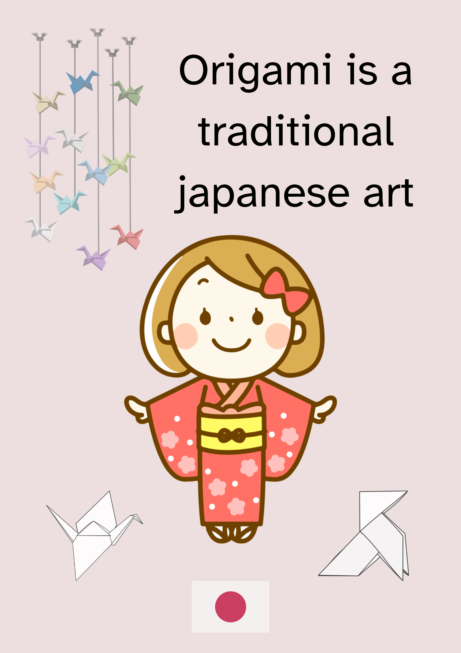 En la imagen puedes ver un póster titulado Origami is a traditional japanese art, compuesto por varias figuras de aves hechas con origami, la bandera de Japón y una niña vestida con un kimono