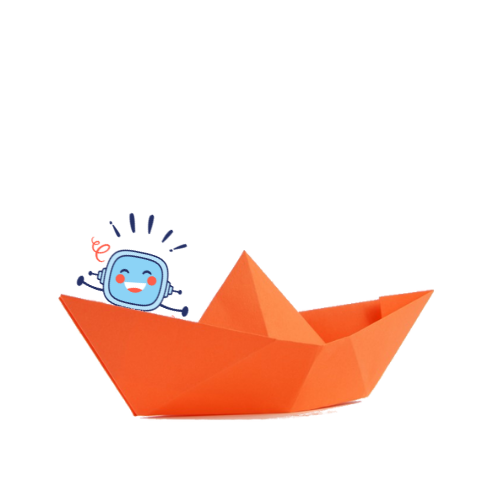 En la imagen puedes ver al personaje Rétor sobre un barco de papel de color naranja