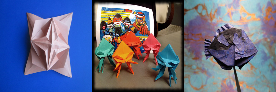 En la imagen puedes ver varios origamis, entre ellos una estrella, unos seres extraterrestres de diferentes colores y un pez de color azul y negro