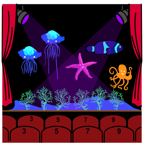 La imagen muestra el escenario de un teatro. El escenario representa el fondo del mar. Hay dos medusas y un pez azules, una estrella de mar morada, un pulpo naranja y varias algas verdes