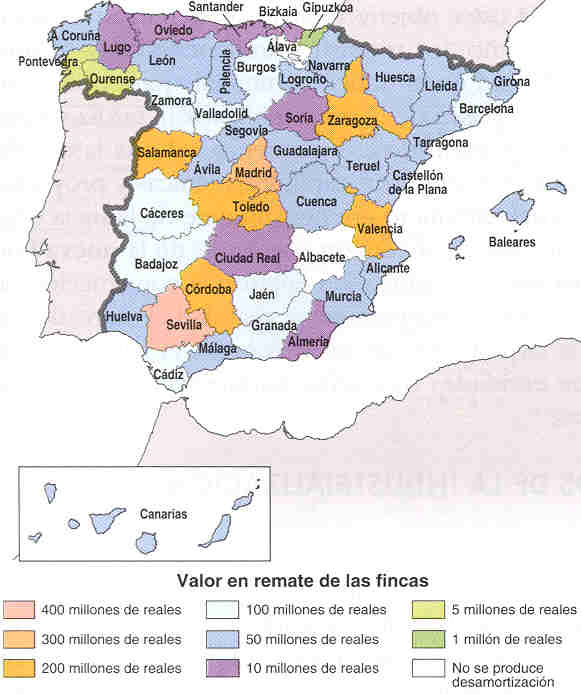 Mapa en el que se muestra el valor de los bienes expropiados en la desamortización de Mendizábal.