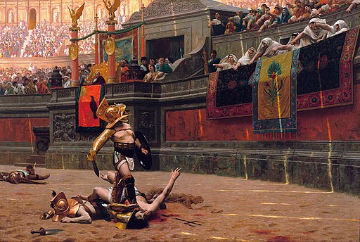 Un gladiador victorioso pisa el cuello del derrotado mientras espera la decisión de la autoridad