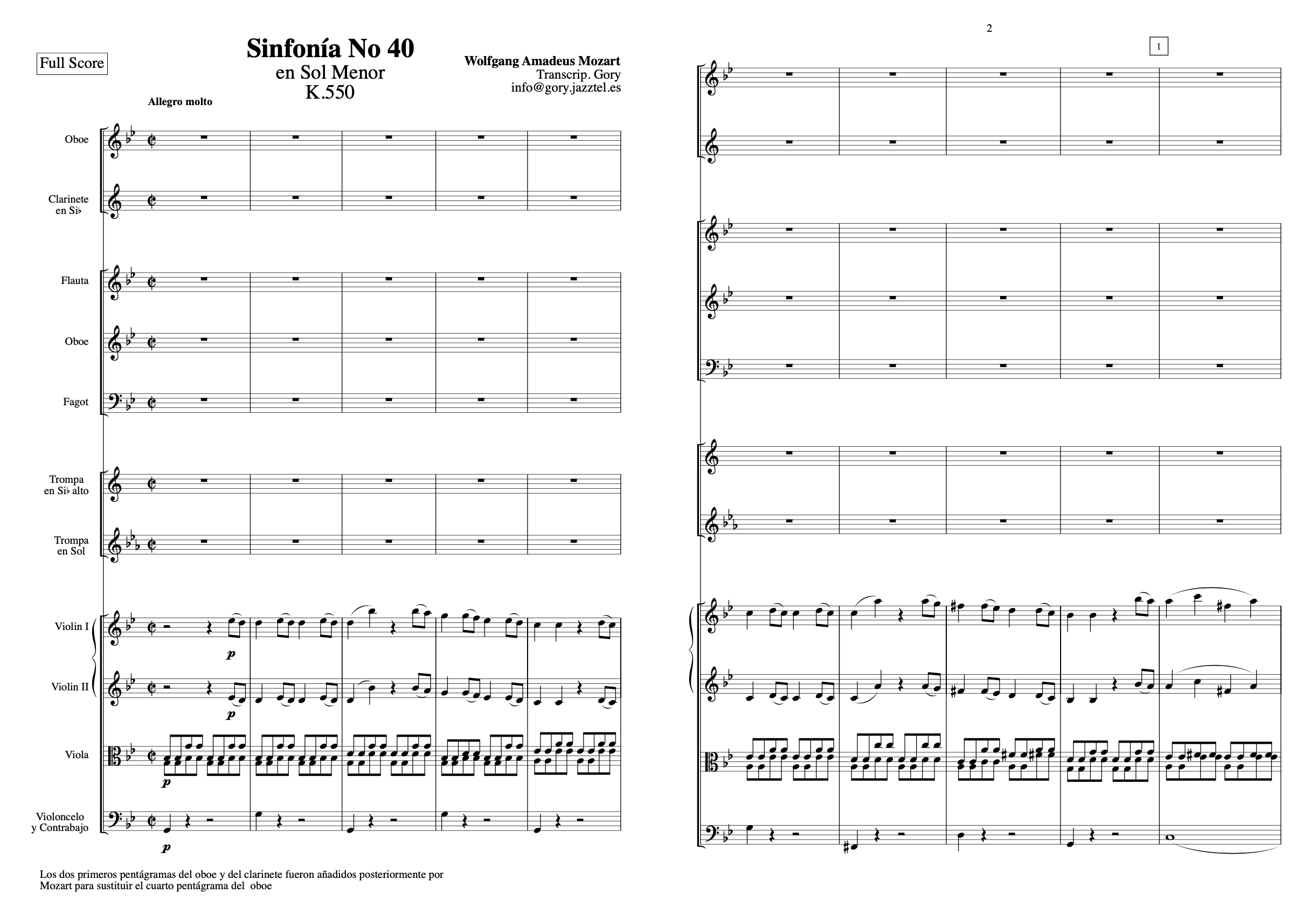 Primeras dos páginas de la Sinfonía nº 40 en Sol menor, K. 550 de Mozart.