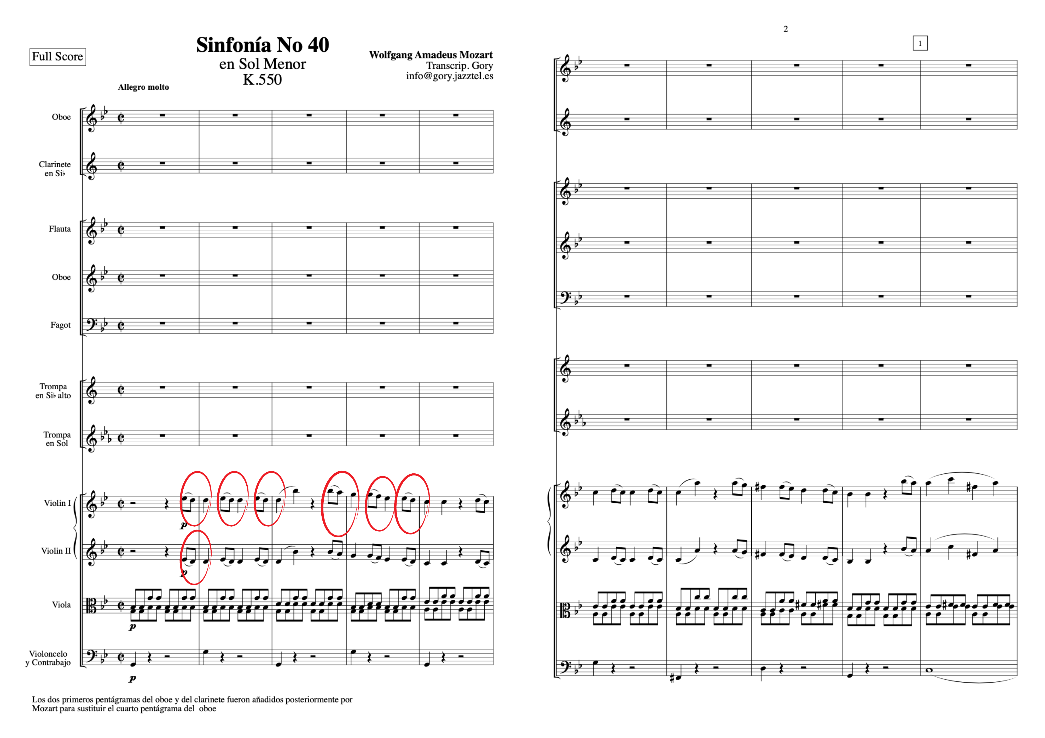 Partitura con el comienzo de la Sínfonía Nº40 de Mozart.