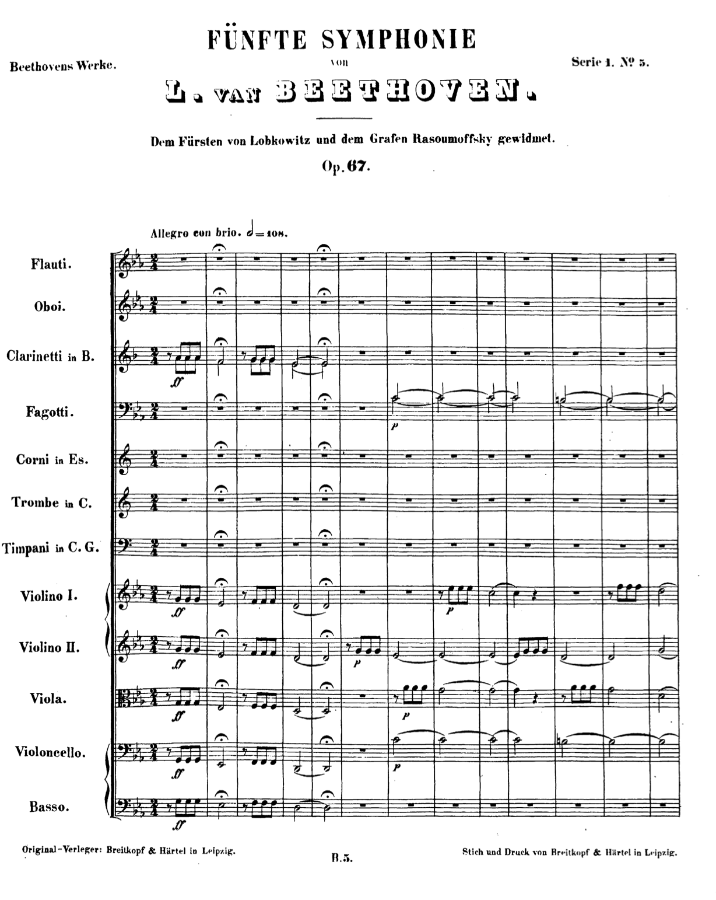 Partitura con el comienzo de la 5ª Sinfonía de Beethoven.