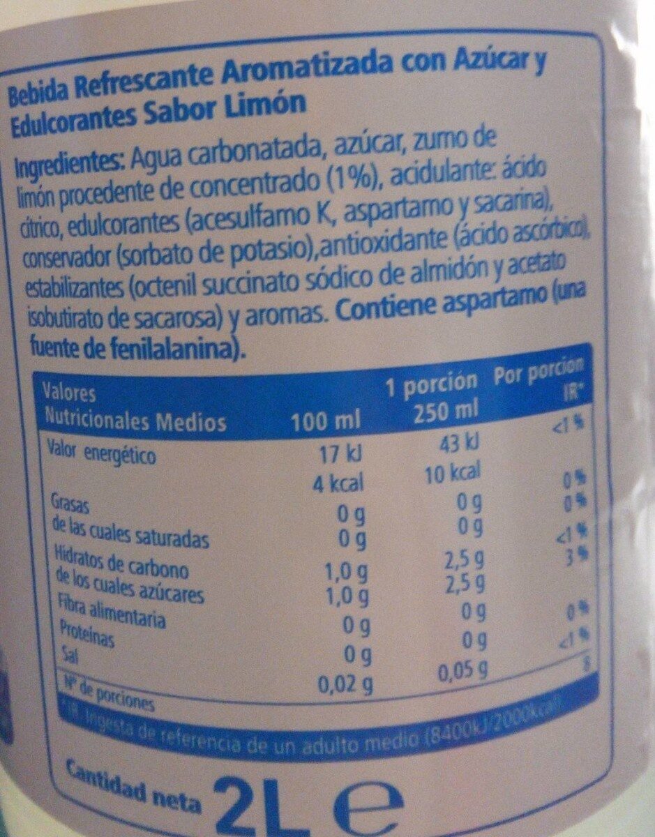 Refresco de limón con gas - Información nutricional