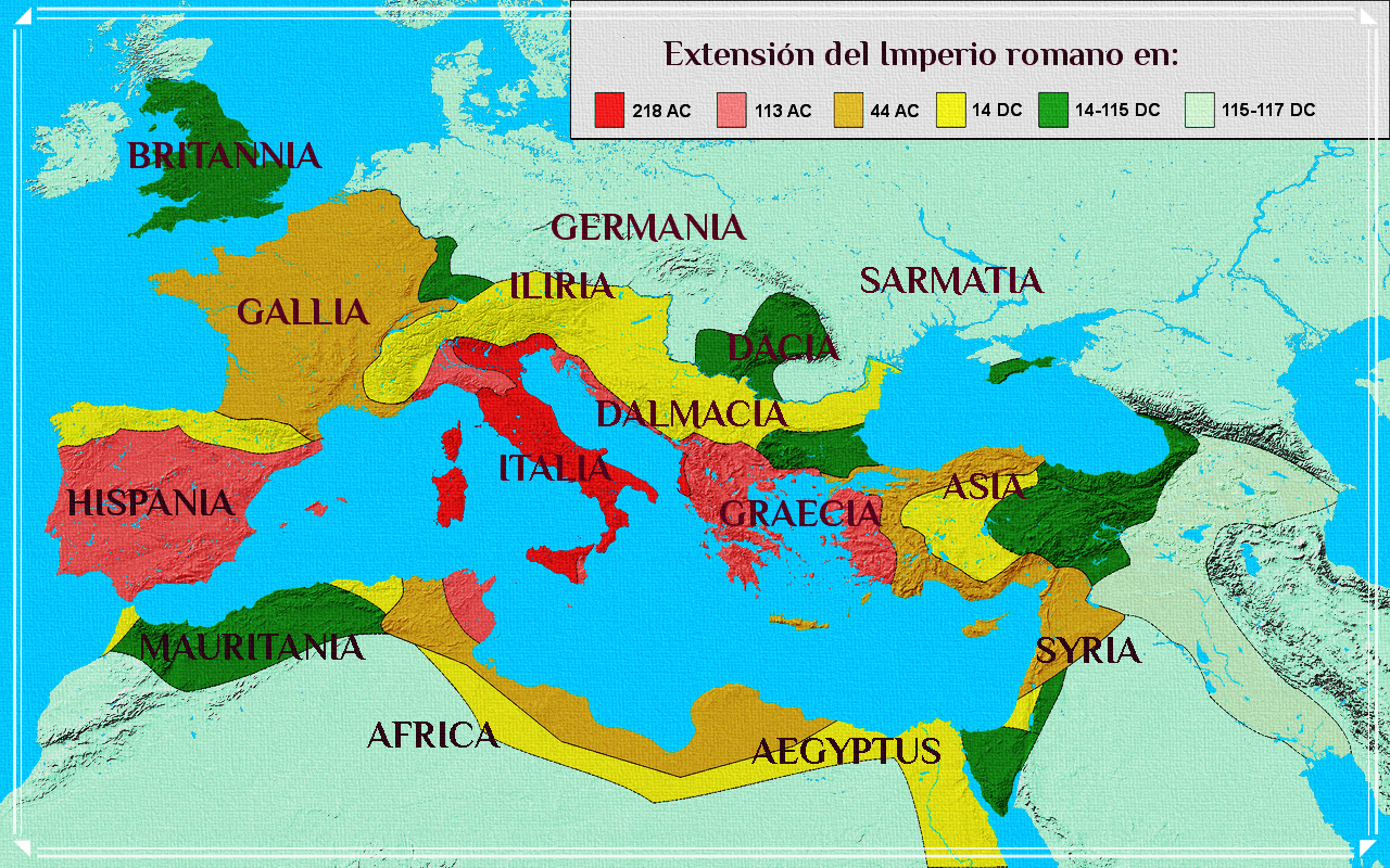 Mapa que muestra los territorios dominados por Roma durante la República y el Imperio