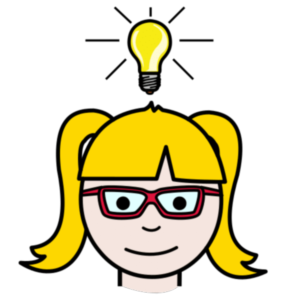 pictograma de una cara de niña con una bombilla encima de la cabeza como simbolo de adivinar.