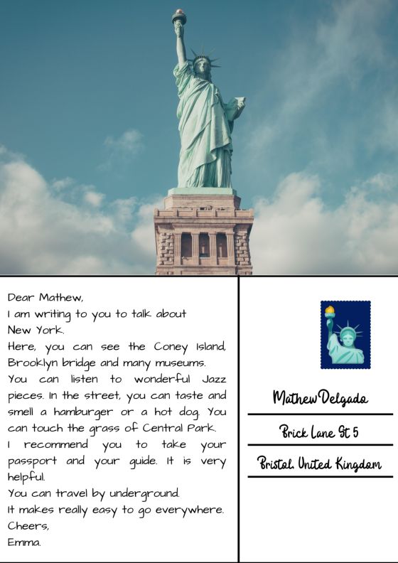 Se visualiza una postal creada digitalmente. En la portada se encuentra la estatua de la libertad y, debajo se lee el texto sobre recomendaciones para viajar a Nueva York.