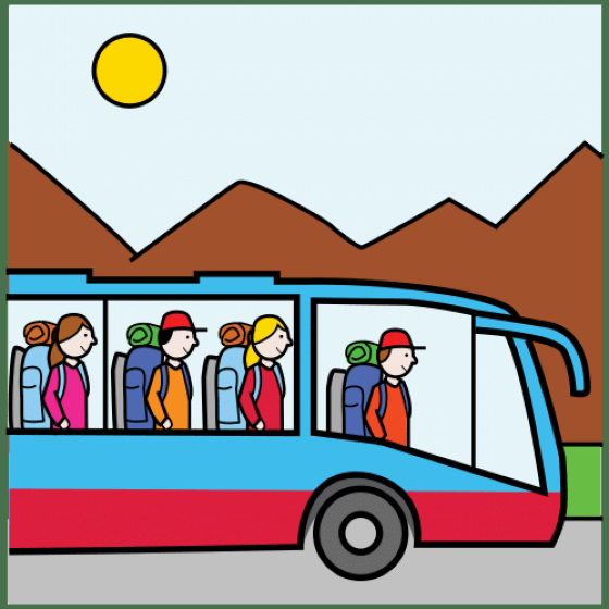 Pictograma aparece un autobus en el que se suben personas para ir de viaje.