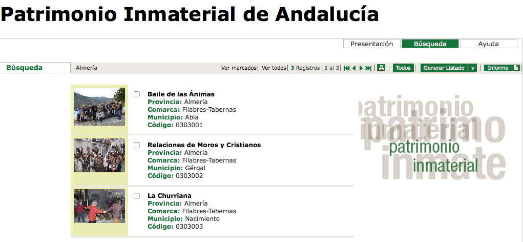 Captura de pantalla del atlas del patrimoino inmaterial de Andalucía