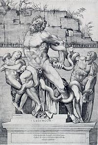 Grabado del Laocoonte en la situación en la que fue encontrado en el siglo XV