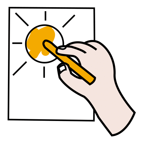 La imagen muestra una mano con un color de cera amarilla coloreando un sol en un papel.
