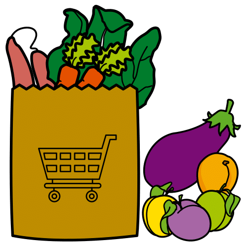 La imagen muestra una bolsa de la compra de papel llena de productos de alimentación.