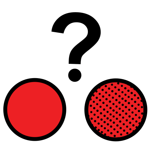 La imagen muestra dos círculos rojos. Uno de ellos punteado en negro. En medio de los dos se ve un signo de interrogación.