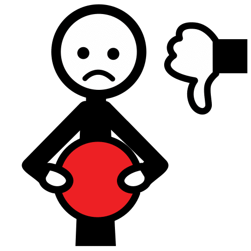 La imagen muestra a una persona con cara de disgusto con un objeto circular en la mano. Junto a ella aparece una mano con el pulgar hacia abajo para indicar que no le gusta.