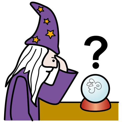 La imagen muestra a un mago mirando una bola de cristal para adivinar algo. Sobre la bola aparece un signo de interrogación negro.