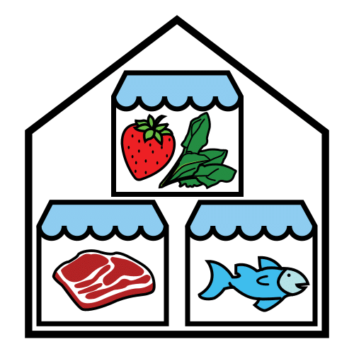 La imagen muestra la silueta de una casa o edificio. Dentro  hay tres toldos con alimentos bajo ellos. Uno con fresas y hojas de verdura verdes, otro con un trozo de carne y el último con un pescado.