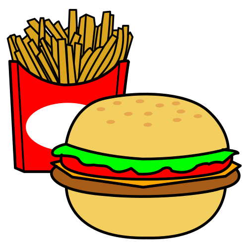La imagen muestra una hamburguesa y unas patatas fritas. Ejemplo de comida no saludable.