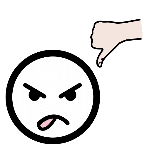 La imagen muestra un rostro con la lengua fuera en señal de disgusto y una mano con el pulgar hacia abajo.