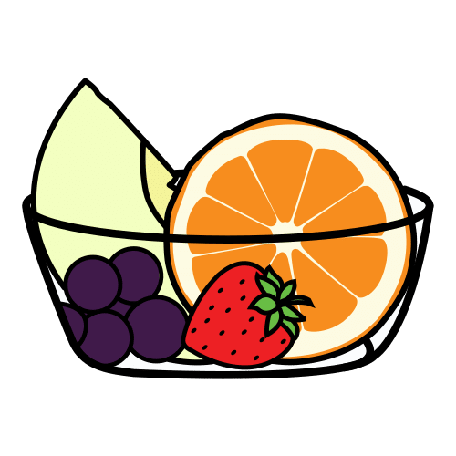 La imagen muestra un bol con fruta fresca: naranja, fresa, uva y melón.