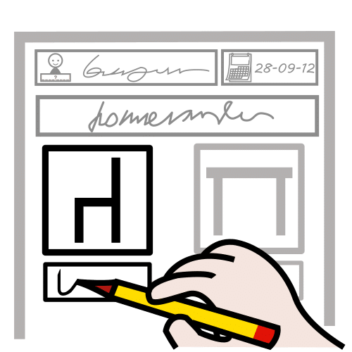 La imagen muestra una mano con un lápiz escribiendo en una ficha de trabajo.