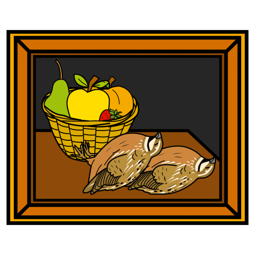 La imagen muestra una pintura de un cesto con frutas y dos perdices.