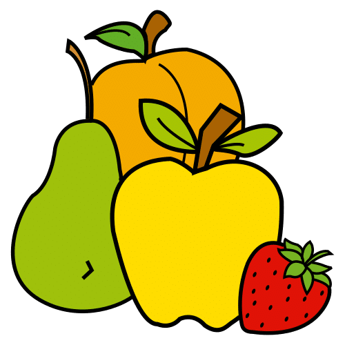 La imagen muestra frutas: un melocotón, una pera, una manzana y una fresa.
