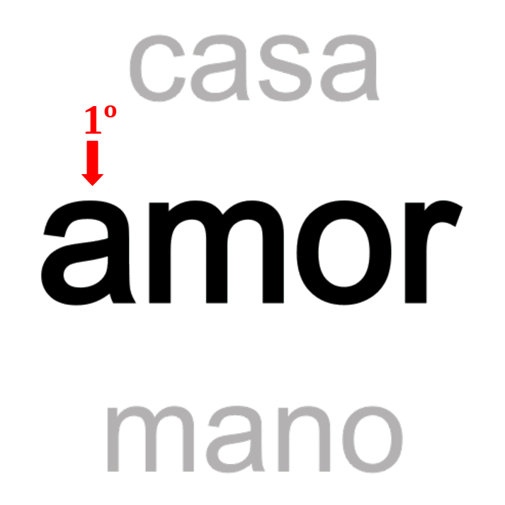 La imagen muestra varias palabras difuminadas, una oscura en el  centro: la palabra “amor”. En su letra inicial hay una flecha roja y la inscripción 1º.