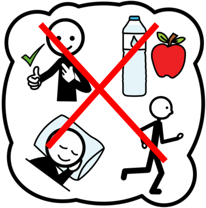 La imagen muestra a una persona realizando actos saludables: durmiendo, haciendo deporte, ...y encima una aspa roja tacha toda la imagen.