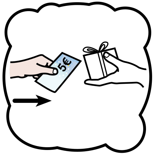 La imagen muestra dos manos, una sostiene un regalo que ofrece y la otra extiende un billete para pagarlo.