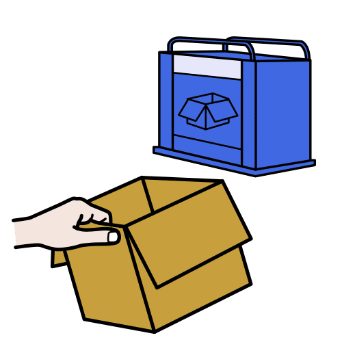 La imagen muestra una mano con una caja de cartón que se aproxima a un contenedor azul para reciclar cartón.