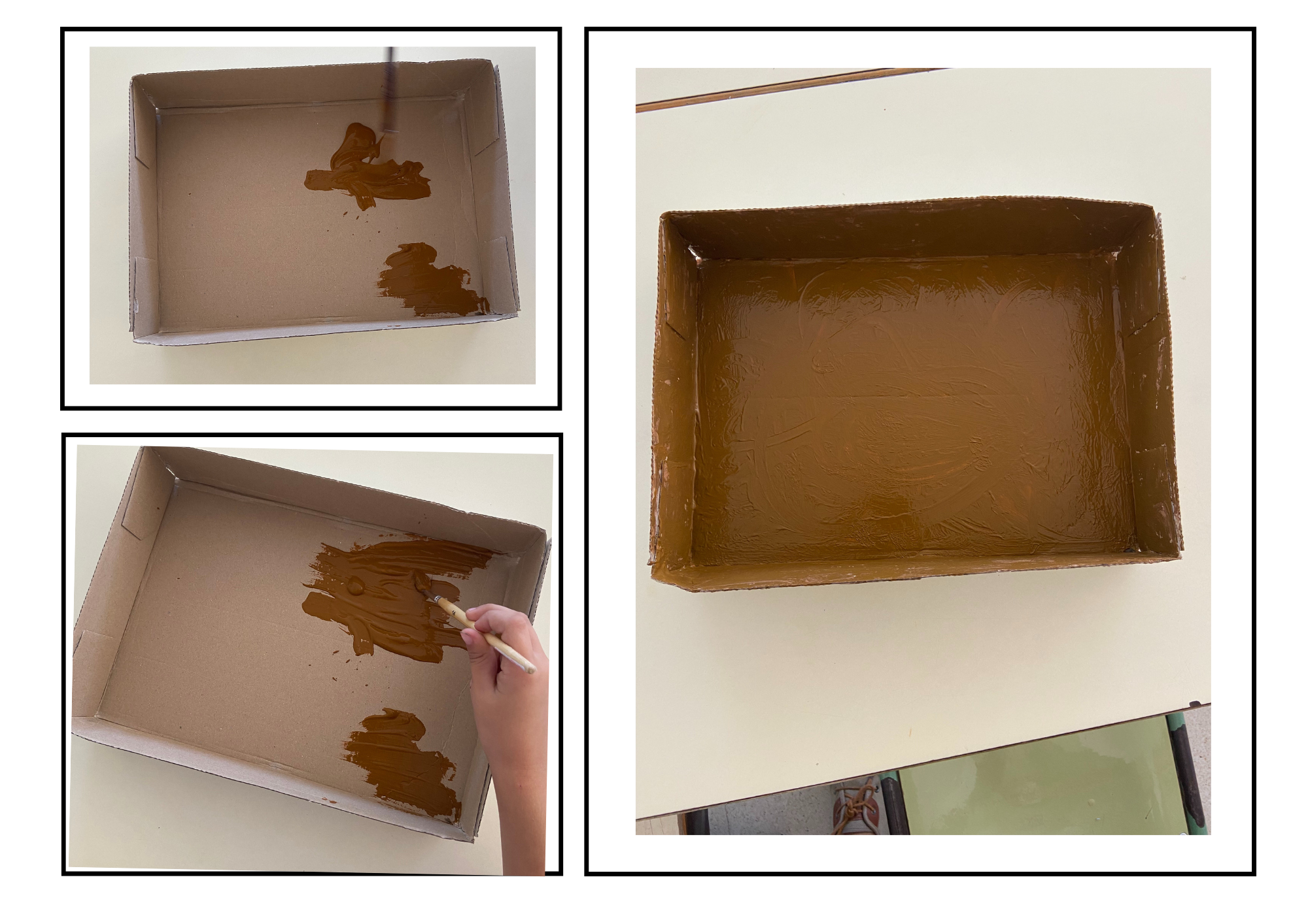 En la imagen aparecen 3 imágenes que muestran cómo pintar el fondo de la tapa de cartón, además vemos la tapa de cartón ya pintada.