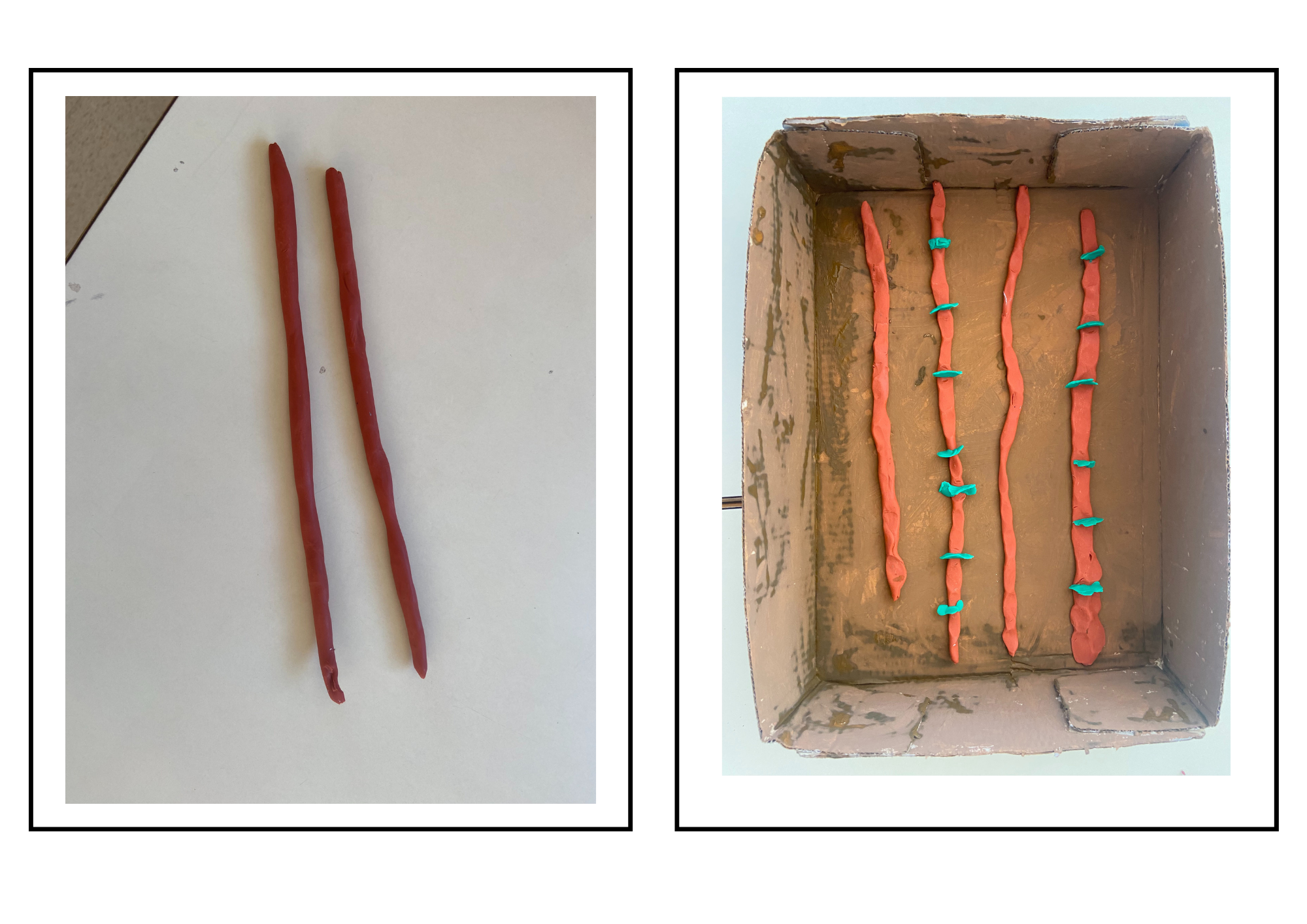 En la imagen aparecen 2 imágenes, en la de la izquierda se muestra como crear la tierra para sembrar con la plastilina, y en la derecha ya la vemos colocada en la tapa de cartón.