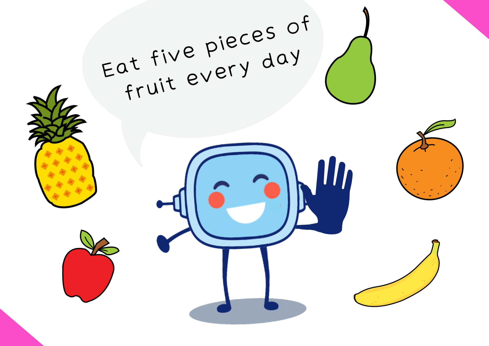 En la imagen se ve a Retor aconsejando comer cinco piezas de fruta al día.