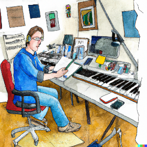 Componiendo música para el cine. Dibujo de un hombre componiendo música para el cine.