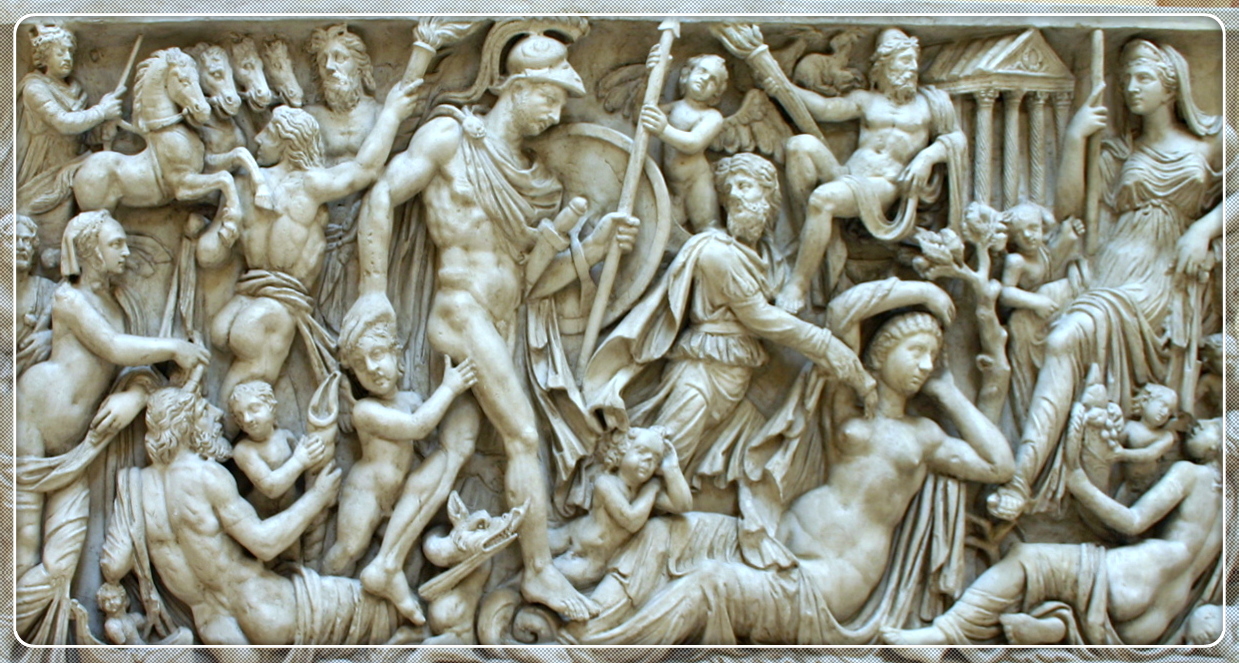 Pieza de sarcófago cuyo relieve representa a Marte y Rea Silvia rodeados de divinidades