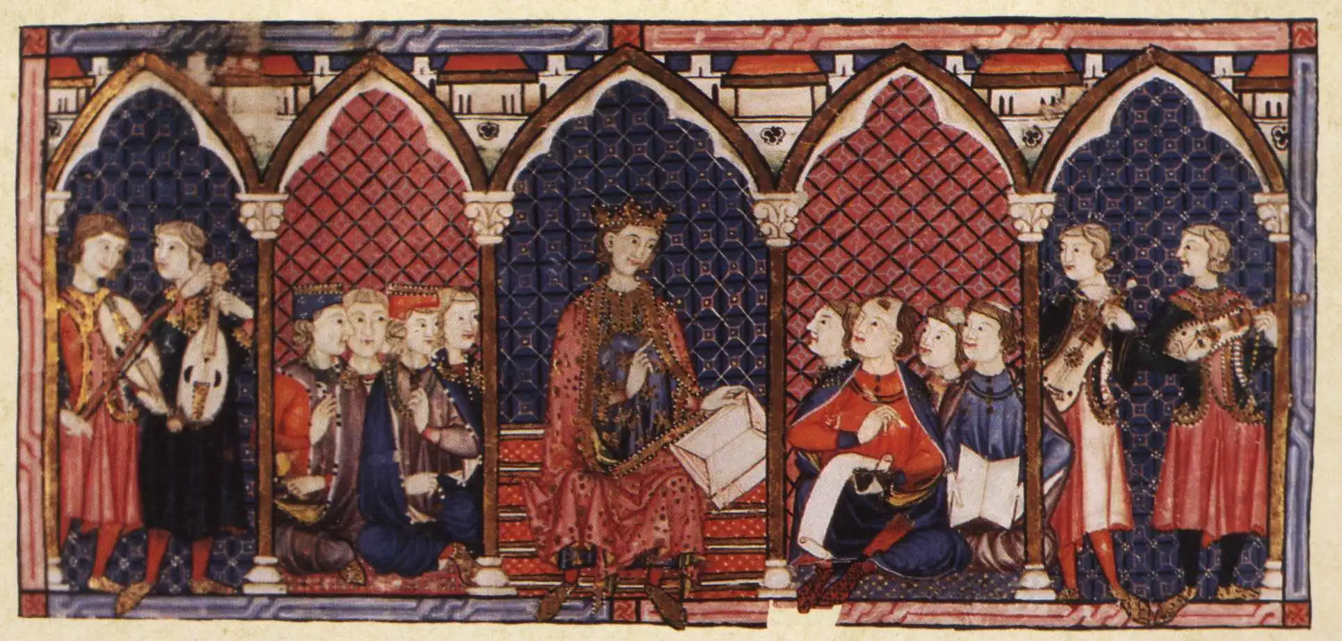 El rey Alfonso X el Sabio en su corte, dictando el texto de las Cantigas de Santa Maria.