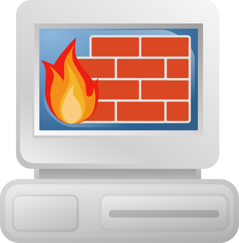 La imagen muestra el monitor de un ordenador con la representación de un firewall mediante el dibujo de un muro de ladrillo con una llama de fuego al lado