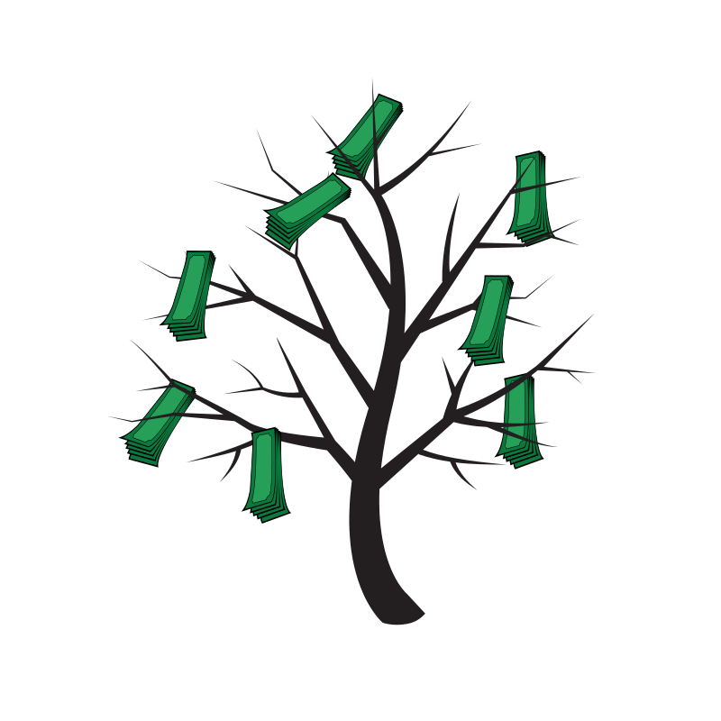 La imagen muestra el dibujo de un árbol de color negruzco que tiene billetes verdes en sus ramas en lugar de hojas