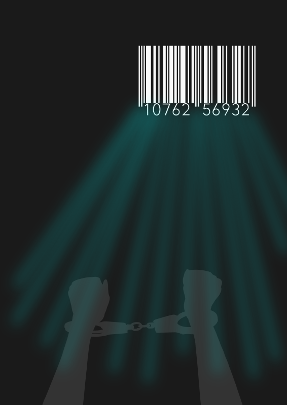La imagen muestra un código de barras que arroja una luz verdosa sobre unos brazos esposados alzados en un fondo oscuro y lúgubre