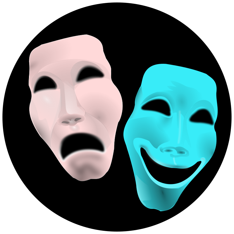 La imagen muestras las máscaras que representan el teatro una con sonriente y la otra triste