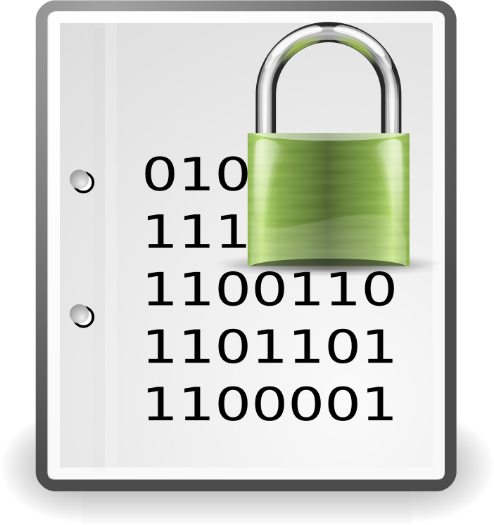 La imagen muestra un documento cifrado en código binario con un candado cerrado