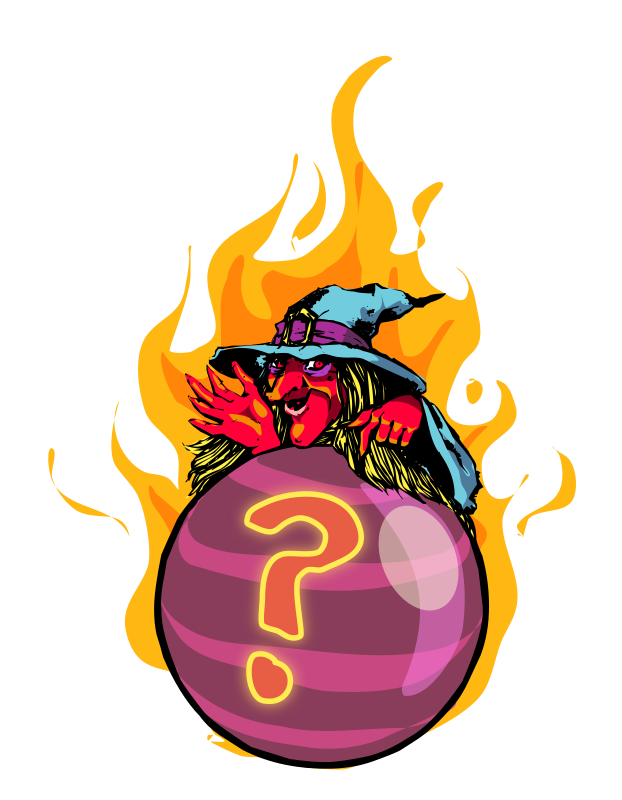 La imagen muestra a una bruja en llamas sobre una bola de adivinación de color que tiene un signo de interrogación en su interior