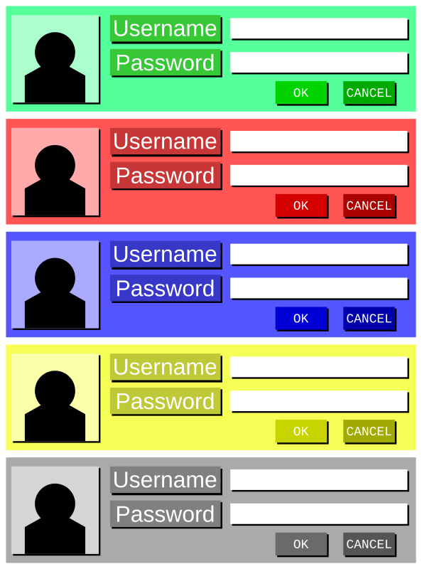 La imagen muestra cuatro tablas de colores para introducción de usuario y contraseña colocadas en columna
