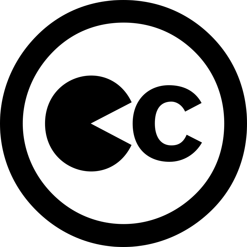 La imagen muestra el icono de Creative Commons en blanco y negro con la primera C en forma de comecocos que persigue a la segunda C