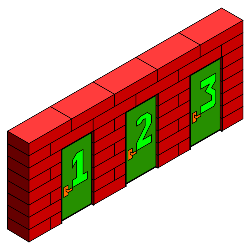 La imagen muestra tres puertas numeradas del uno al tres en un muro de ladrillo