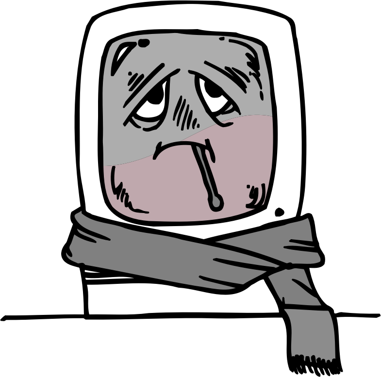 La imagen muestra el dibujo de un ordenador abrigado con bufanda, con un termómetro en la boca y mala cara